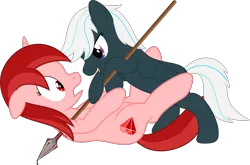 Size: 5716x3765 | Tagged: semi-grimdark, artist:waveywaves, derpibooru import, oc, oc:crosswind, oc:ruby rey, unofficial characters only, pegasus, pony, unicorn, blood, simple background, spear, stabbing, transparent background, weapon