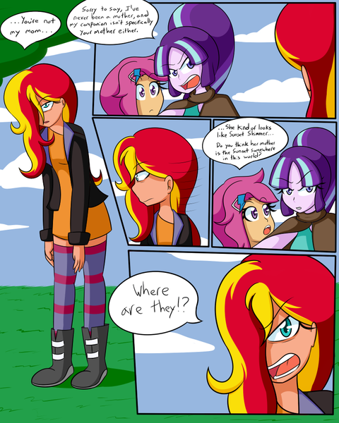 Size: 800x1000 | Tagged: safe, artist:jake heritagu, derpibooru import, scootaloo, starlight glimmer, oc, oc:solar, comic:ask motherly scootaloo, equestria girls, cloak, clothes, comic, hairpin, motherly scootaloo