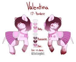Size: 2645x2146 | Tagged: semi-grimdark, artist:itsizzybel, derpibooru import, oc, oc:valentina, earth pony, pony, blood, clothes, dock, female, high res, mare, pleated skirt, reference sheet, simple background, skirt, solo, transparent background, yandere