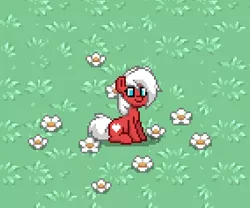 Size: 427x355 | Tagged: safe, derpibooru import, oc, oc:velvet love, unofficial characters only, pony, pony town, blue eyes, female, flower, happy, mare, outdoors, red, sitting, white hair