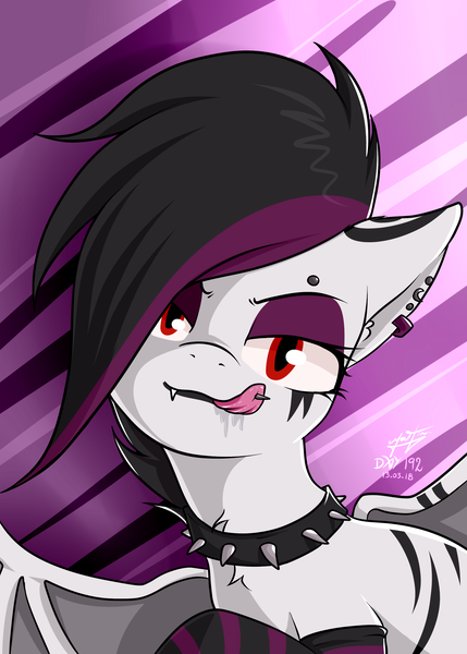 Size: 2500x3500 | Tagged: safe, artist:azerta56, derpibooru import, oc, unofficial characters only, bat pony, 365 days challenge, bat pony oc, clothes, collar, female, gothic, piercing, socks, solo, striped socks, tongue out, tongue piercing