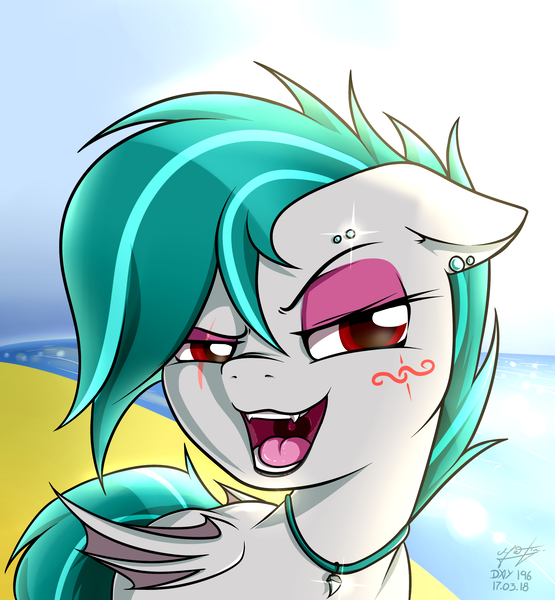 Size: 2500x2703 | Tagged: safe, artist:azerta56, derpibooru import, oc, unofficial characters only, bat pony, bat pony oc, beach, collar, female, lipstick, makeup, open mouth, solo, tattoo