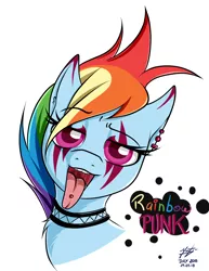 Size: 1780x2306 | Tagged: safe, artist:azerta56, derpibooru import, rainbow dash, 365 days challenge, clothes, collar, ear piercing, earring, female, jewelry, makeup, metal, open mouth, piercing, punk, rainbow punk, solo, text, tongue out, tongue piercing, uvula