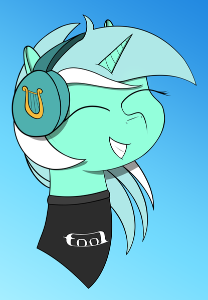 Size: 1546x2237 | Tagged: safe, artist:shobieshy, derpibooru import, lyra heartstrings, pony, unicorn, bust, clothes, eyes closed, female, happy, headphones, shirt, simple background, smiling, solo, tool (band)