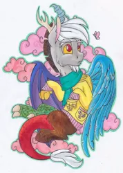 Size: 728x1024 | Tagged: artist:pony-paint, butterfly, clothes, cloud, cotton candy, cotton candy cloud, derpibooru import, discord, draconequus, food, implied fluttershy, safe, scarf, solo, sweater, traditional art