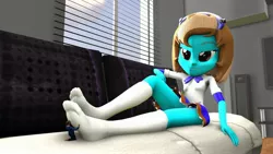 Size: 3020x1698 | Tagged: suggestive, artist:shrunkenlover, derpibooru import, oc, oc:madison quick, equestria girls, 3d, clothes, feet, female, fetish, foot fetish, foot massage, giantess, living room, macro, macro/micro, request, size difference, socks, source filmmaker