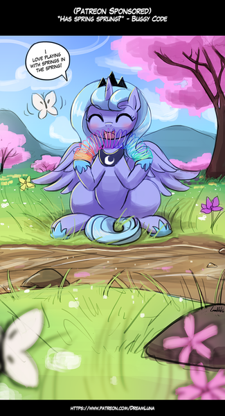 Size: 755x1392 | Tagged: safe, artist:lumineko, derpibooru import, princess luna, alicorn, butterfly, pony, cute, dialogue, eyes closed, female, filly, lumineko is trying to murder us, lunabetes, s1 luna, slinky, solo, spring, weapons-grade cute, woona, younger