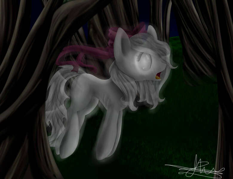 Size: 1300x1000 | Tagged: artist:annaslolart, bow, derpibooru import, female, filly, forest, ghost, oc, oc:tomoda shi, sad, semi-grimdark, solo