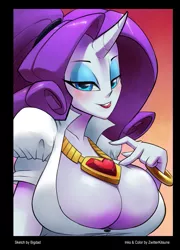 Size: 647x900 | Tagged: absolute cleavage, artist:bigdad, artist:zwitterkitsune, big breasts, breasts, busty rarity, cleavage, collaboration, colored, derpibooru import, female, fire ruby, horned humanization, huge breasts, human, humanized, looking at you, rarity, solo, solo female, suggestive