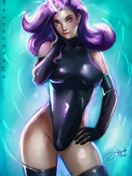 Size: 1200x1600 | Tagged: artist:bunsogen, breasts, busty rarity, clothes, derpibooru import, evening gloves, female, gloves, human, humanized, latex, lipstick, long gloves, looking at you, one-piece swimsuit, rarity, safe, signature, solo, swimsuit