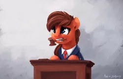 Size: 2305x1492 | Tagged: safe, artist:lollipony, artist:thefloatingtree, derpibooru import, oc, unofficial characters only, pony, abstract background, clothes, collaboration, courtroom, female, gavel, judge, mare, mouth hold, necktie, scared, solo, suit