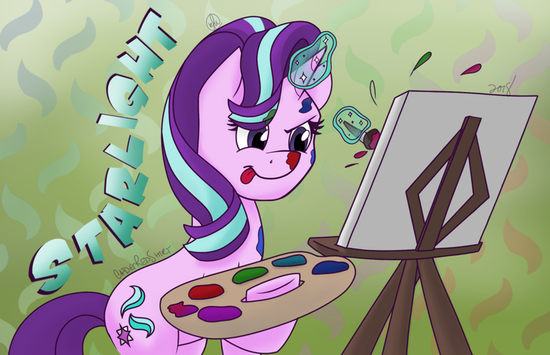 Size: 1024x661 | Tagged: safe, artist:cadetredshirt, derpibooru import, starlight glimmer, pony, unicorn, abstract background, concentrating, creation, dirty, easel, female, magic, mare, paint, paintbrush, painting, palette, solo, telekinesis, tongue out