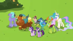 Size: 1280x720 | Tagged: safe, derpibooru import, screencap, grampa gruff, prince rutherford, princess celestia, princess ember, seaspray, starlight glimmer, thorax, twilight sparkle, twilight sparkle (alicorn), alicorn, changedling, changeling, classical hippogriff, dragon, gryphon, hippogriff, pony, unicorn, yak, school daze, blind eye, bush, changeling king, cloven hooves, crown, dragoness, ear piercing, earring, ethereal mane, eye scar, female, fez, hat, horn ring, jewelry, king thorax, looking up, male, mare, meadow, necklace, piercing, regalia, scar, smiling