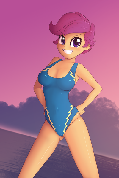 Size: 1280x1920 | Tagged: suggestive, artist:zelc-face, derpibooru import, scootaloo, equestria girls, adorasexy, ass, beach babe, blue swimsuit, blushing, breasts, busty scootaloo, clothes, cropped, cute, cutealoo, female, looking at you, older, older scootaloo, one-piece swimsuit, sexy, smiling, solo, solo female, swimsuit, underass, wonderbolts swimsuit, zelc-face's swimsuits