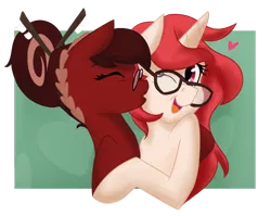 Size: 1024x814 | Tagged: safe, artist:cadetredshirt, derpibooru import, oc, oc:cadetpone, oc:strawberry cheesecake, unofficial characters only, accessory swap, bust, chopsticks, couple, eyes closed, female, glasses, hair bun, kissing, kiss on the cheek, lesbian, oc x oc, shipping, simple background