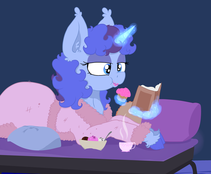 Size: 3513x2901 | Tagged: safe, artist:paskanaakka, derpibooru import, oc, oc:midnight dew, unofficial characters only, unicorn, bathrobe, bed, book, clothes, colored hooves, cup, cupcake, ear fluff, eating, female, food, ice cream, lidded eyes, magic, mare, pillow, prone, reading, robe, solo, teacup, telekinesis, unshorn fetlocks