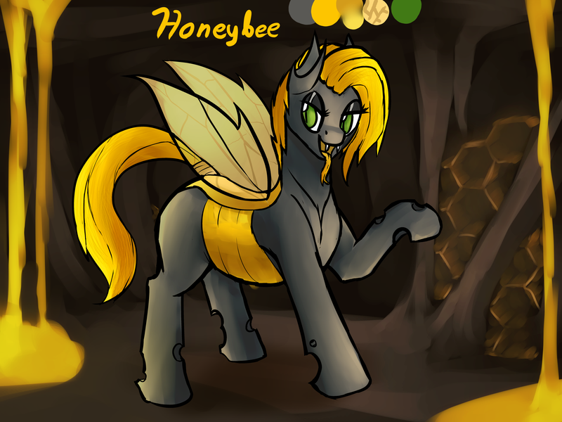 Size: 4689x3516 | Tagged: artist:ampderg, changeling, changeling queen, changeling queen oc, derpibooru import, fangs, female, food, honey, oc, oc:honeybee, reference sheet, safe, solo, tail wrap, yellow changeling