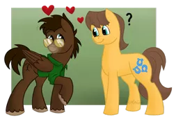 Size: 1024x694 | Tagged: safe, artist:cadetredshirt, derpibooru import, caramel, oc, oc:bumper, earth pony, pegasus, pony, canon x oc, clothes, clueless, duo, gay, glasses, heart, looking at each other, male, raised hoof, romance, shirt, simple background, transparent background, unshorn fetlocks, ych result