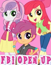 Size: 710x907 | Tagged: safe, derpibooru import, apple bloom, scootaloo, sweetie belle, equestria girls, adorabloom, caption, cute, cutealoo, cutie mark crusaders, diasweetes, expand dong, exploitable meme, fbi, fbi open up, female, image macro, looking at you, meme, open mouth, smiling, trio, trio female