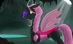 Size: 1024x614 | Tagged: artist:cadetredshirt, braid, butterfly, cave, changeling, changeling oc, changeling queen, changeling queen oc, cute, cute little fangs, derpibooru import, fangs, female, happy, oc, oc:pupatinea, pink changeling, princess, safe, solo, tail wrap, unofficial characters only