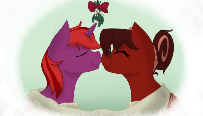 Size: 1024x587 | Tagged: safe, artist:cadetredshirt, derpibooru import, oc, oc:cadetpone, oc:quillo manar, earth pony, pony, unicorn, clothes, couple, duo, eyes closed, female, glasses, happy, heart, male, mistletoe, nuzzles, oc x oc, romance, scarf, shipping, simple background, straight