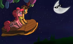 Size: 3000x1800 | Tagged: safe, artist:cadetredshirt, derpibooru import, cheese sandwich, pinkie pie, earth pony, pony, balloon, cheese, cheesepie, female, flying, food, grilled cheese, male, moon, shipping, straight