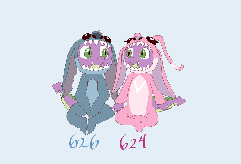 Size: 3751x2551 | Tagged: safe, artist:chiptunebrony, derpibooru import, spike, angel, barb, barbabetes, clothes, cosplay, costume, crossover, cute, disney, experiment 624, experiment 626, kigurumi, rule 63, rule63betes, shipping, spikabetes, spikebarb, stitch