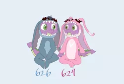 Size: 3751x2551 | Tagged: safe, artist:chiptunebrony, derpibooru import, spike, angel, barb, barbabetes, clothes, cosplay, costume, crossover, cute, disney, experiment 624, experiment 626, kigurumi, rule 63, rule63betes, shipping, spikabetes, spikebarb, stitch
