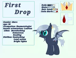 Size: 1816x1384 | Tagged: safe, artist:fimbulvinter, derpibooru import, oc, oc:first drop, unofficial characters only, bat pony, bat pony oc, fangs, reference sheet, solo
