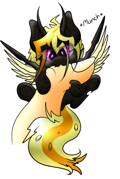 Size: 1188x1769 | Tagged: artist needed, changeling, derpibooru import, electric changeling, munching, oc, oc:armord tempest, safe, simple background, solo, source needed, tiny, transparent background, unofficial characters only, yellow changeling