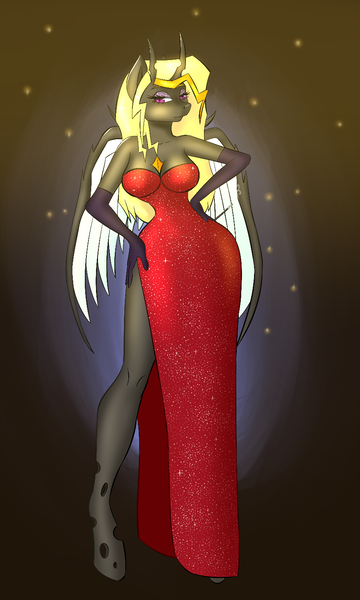 Size: 900x1500 | Tagged: anthro, artist needed, breasts, changeling, cleavage, clothes, derpibooru import, digital art, dress, electric changeling, evening gloves, female, gloves, long gloves, oc, oc:armord tempest, red dress, simple background, solo, source needed, suggestive, unofficial characters only, yellow changeling