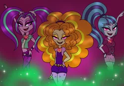 Size: 1320x924 | Tagged: safe, artist:purfectprincessgirl, derpibooru import, adagio dazzle, aria blaze, sonata dusk, equestria girls, female, gem, hand on hip, lidded eyes, midriff, negative energy, scene interpretation, singing, siren gem, the dazzlings, trio