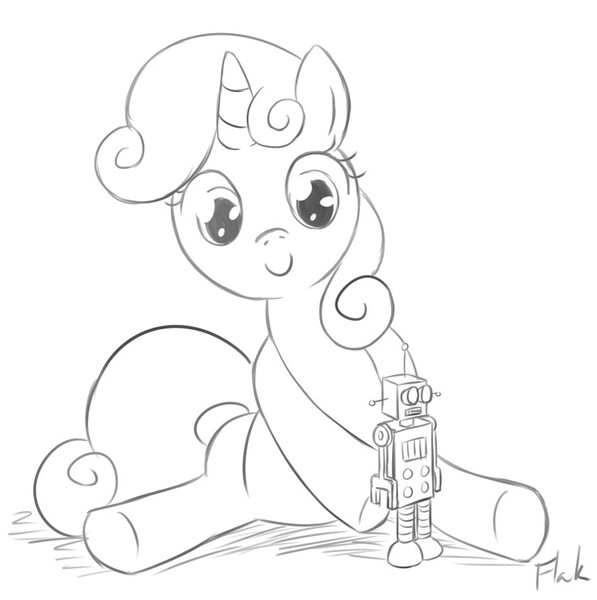 Size: 772x776 | Tagged: safe, artist:flak--k, derpibooru import, sweetie belle, pony, robot, unicorn, cute, diasweetes, female, filly, grayscale, monochrome, simple background, sitting, smiling, solo, toy, white background