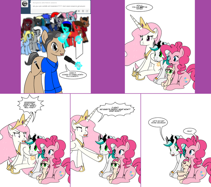 Size: 1808x1604 | Tagged: safe, artist:dekomaru, derpibooru import, pinkie pie, princess celestia, oc, oc:confetti, oc:dazzle, alicorn, earth pony, pony, unicorn, princess molestia, tumblr:ask twixie, alicorn oc, ask, baby, baby pony, comic, maury, offspring, parent:oc:dazzle, parent:pinkie pie, parents:canon x oc, sitting, tumblr