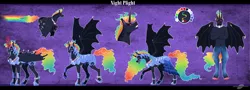 Size: 4092x1466 | Tagged: safe, artist:bijutsuyoukai, derpibooru import, oc, oc:night plight, unofficial characters only, alicorn, anthro, bat pony, bat pony alicorn, pony, unguligrade anthro, anthro with ponies, armor, ethereal mane, hoof shoes, magical lesbian spawn, male, offspring, parent:nightmare moon, parent:rainbow dash, parents:nightmaredash, reference sheet, solo, stallion