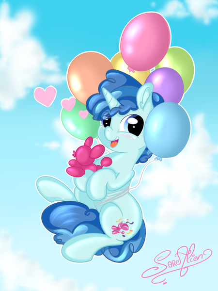 Size: 3000x4000 | Tagged: safe, artist:saralien, derpibooru import, party favor, unicorn, balloon, balloon animal, blushing, cute, favorbetes, floating, happy, high res, male, open mouth, sky, solo