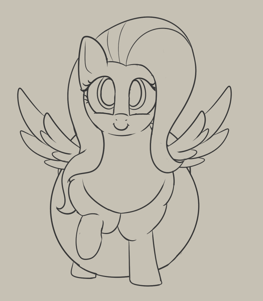 Size: 679x778 | Tagged: artist:andelai, belly, big belly, derpibooru import, fat, fattershy, female, fluttershy, grayscale, lineart, looking at you, monochrome, one hoof raised, solo, solo female, spread wings, suggestive, wings