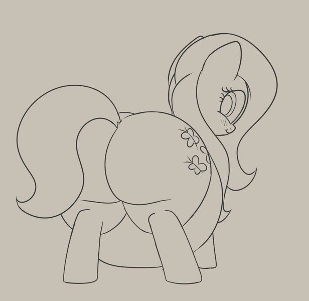 Size: 830x809 | Tagged: artist:andelai, belly, big belly, derpibooru import, fat, fattershy, female, fluttershy, grayscale, large butt, lineart, looking at you, looking back, looking back at you, monochrome, plot, solo, solo female, suggestive, the ass was fat