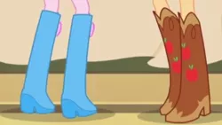 Size: 2208x1242 | Tagged: safe, derpibooru import, screencap, applejack, pinkie pie, equestria girls, rainbow rocks, apple, boots, cowboy boots, food, high heel boots, legs, pictures of legs, shoes