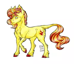 Size: 1024x888 | Tagged: safe, artist:biakela, derpibooru import, sunset shimmer, classical unicorn, pony, unicorn, chest fluff, cloven hooves, cutie mark, ear fluff, ear piercing, female, leonine tail, mare, piercing, simple background, solo, traditional art, unshorn fetlocks, watercolor painting, white background