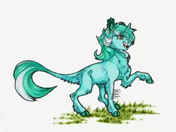 Size: 1024x767 | Tagged: safe, artist:biakela, derpibooru import, lyra heartstrings, classical unicorn, pony, unicorn, chest fluff, cloven hooves, ear fluff, female, grass, happy, leonine tail, mare, missing cutie mark, open mouth, raised leg, sidemouth, simple background, solo, traditional art, unshorn fetlocks, watercolor painting, white background