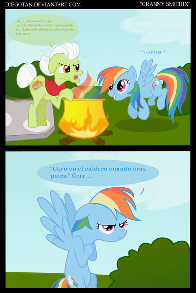 Size: 2170x3240 | Tagged: safe, artist:diegotan, derpibooru import, edit, editor:nightshadowmlp, granny smith, rainbow dash, earth pony, pony, angry, asterix, brewing, cauldron, comic, crossover, elderly, female, fire, mare, obelix, panoramix, potion, rainbow, spanish, translation