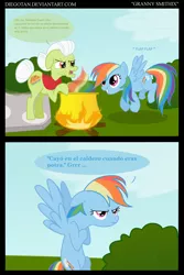 Size: 2170x3240 | Tagged: safe, artist:diegotan, derpibooru import, edit, editor:nightshadowmlp, granny smith, rainbow dash, earth pony, pony, angry, asterix, brewing, cauldron, comic, crossover, elderly, female, fire, mare, obelix, panoramix, potion, rainbow, spanish, translation