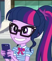 Size: 620x720 | Tagged: safe, derpibooru import, screencap, sci-twi, twilight sparkle, equestria girls, equestria girls series, text support, big smile, bowtie, cropped, cute, female, geode of telekinesis, glasses, magical geodes, mobile phone, phone, ponytail, smartphone, smiling, solo, twiabetes