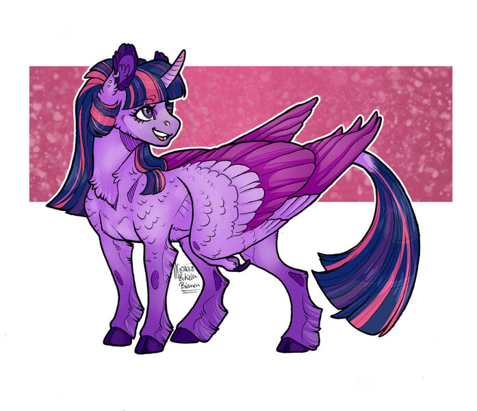 Size: 1024x882 | Tagged: safe, artist:biakela, derpibooru import, twilight sparkle, twilight sparkle (alicorn), alicorn, classical unicorn, pony, unicorn, abstract background, chest fluff, cloven hooves, colored wings, ear fluff, female, leonine tail, mare, smiling, solo, unshorn fetlocks, wing claws