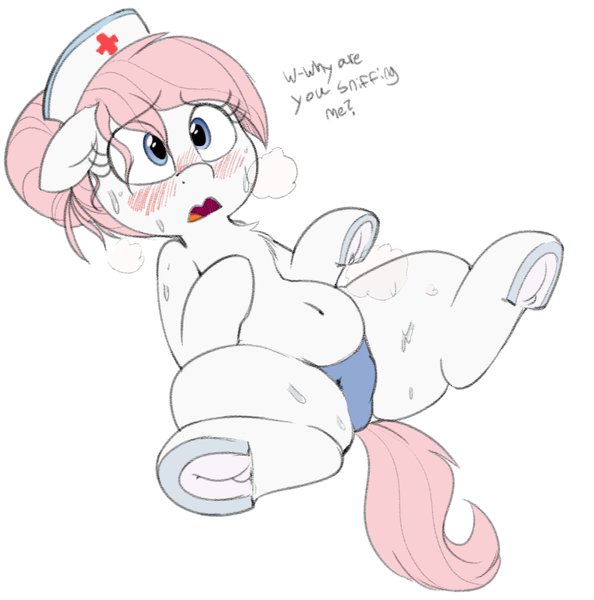 Size: 1280x1293 | Tagged: questionable, artist:whydomenhavenipples, color edit, derpibooru import, edit, editor:gimpanon, nurse redheart, earth pony, pony, belly button, blushing, breath, chest fluff, clothes, colored, cute, dialogue, female, fetish, floppy ears, frog (hoof), hair bun, heartabetes, messy hair, musk, nurse, olfactophilia, on back, open mouth, panties, panting, simple background, solo, solo female, spread legs, spreading, stupid sexy nurse redheart, sweat, talking, underhoof, underwear, white background