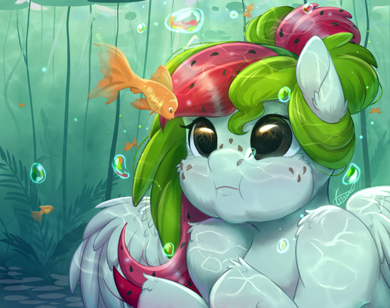 Size: 2400x1900 | Tagged: safe, artist:peachmayflower, derpibooru import, oc, oc:watermelana, unofficial characters only, fish, goldfish, pegasus, pony, female, freckles, mare, puffy cheeks, solo, underwater