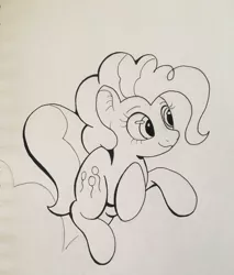 Size: 3024x3556 | Tagged: safe, artist:stammis, derpibooru import, pinkie pie, pony, high res, monochrome, skipping, smiling, solo, traditional art