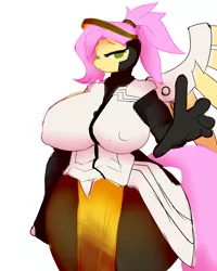 Size: 2400x3000 | Tagged: anthro, artist:jaynatorburudragon, big breasts, breasts, busty fluttershy, crossover, derpibooru import, erect nipples, female, fluttershy, huge breasts, lidded eyes, looking at you, mercy, mercyshy, nipple outline, overwatch, simple background, solo, solo female, suggestive, white background, wide hips