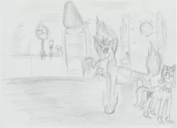 Size: 2336x1696 | Tagged: safe, artist:coppercat25, derpibooru import, princess celestia, princess luna, alicorn, pony, cake, female, food, grayscale, monochrome, moon, s1 luna, sketch, traditional art